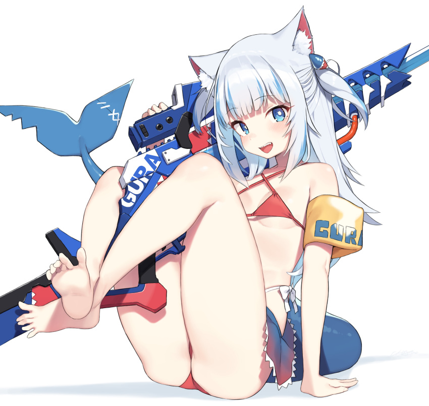 1girl :d absurdres animal_ear_fluff animal_ears ass bangs bare_shoulders barefoot bikini blue_eyes blush breasts cat_ears cloba collarbone criss-cross_halter eyebrows_visible_through_hair fang feet fish_tail gawr_gura gun hair_ornament halterneck highres holding holding_gun holding_weapon hololive hololive_english long_hair looking_at_viewer multicolored_hair one_side_up open_mouth red_bikini ribbon shark_girl shark_hair_ornament shark_tail sharp_teeth sidelocks silver_hair simple_background sitting skirt small_breasts smile solo streaked_hair string_bikini swimsuit tail teeth thighs toes two_side_up virtual_youtuber weapon white_background white_hair