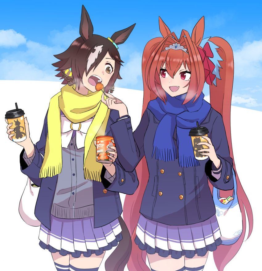 2girls animal_ears blue_scarf blush brown_eyes brown_hair cup daiwa_scarlet_(umamusume) day fang feeding hair_over_one_eye highres holding holding_cup horse_ears horse_girl horse_tail hoyon long_hair long_sleeves looking_at_another multicolored_hair multiple_girls open_mouth outdoors pink_eyes pleated_skirt scarf skirt smile snow streaked_hair tail thigh-highs twintails umamusume very_long_hair vodka_(umamusume) white_hair yellow_scarf