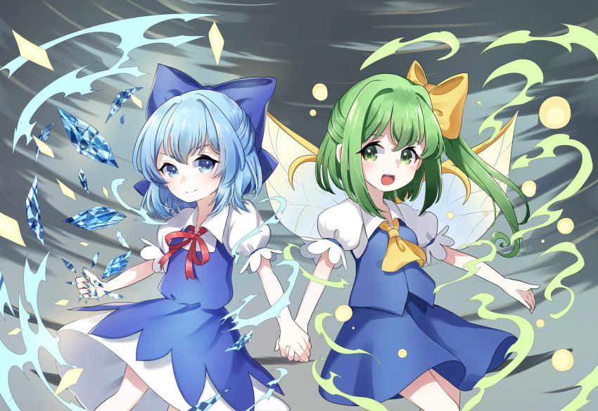 2girls :d ametama_(runarunaruta5656) ascot bangs blue_dress blue_eyes blue_hair blush cirno closed_mouth collared_shirt commentary_request daiyousei dress eyebrows_visible_through_hair fairy_wings flat_chest green_eyes green_hair hair_between_eyes hair_ribbon happy highres holding_hands ice ice_wings looking_at_viewer multiple_girls neck_ribbon one_side_up open_mouth pinafore_dress puffy_short_sleeves puffy_sleeves red_ribbon ribbon shirt shoes short_hair short_sleeves sidelocks smile touhou white_shirt wing_collar wings yellow_ascot yellow_ribbon
