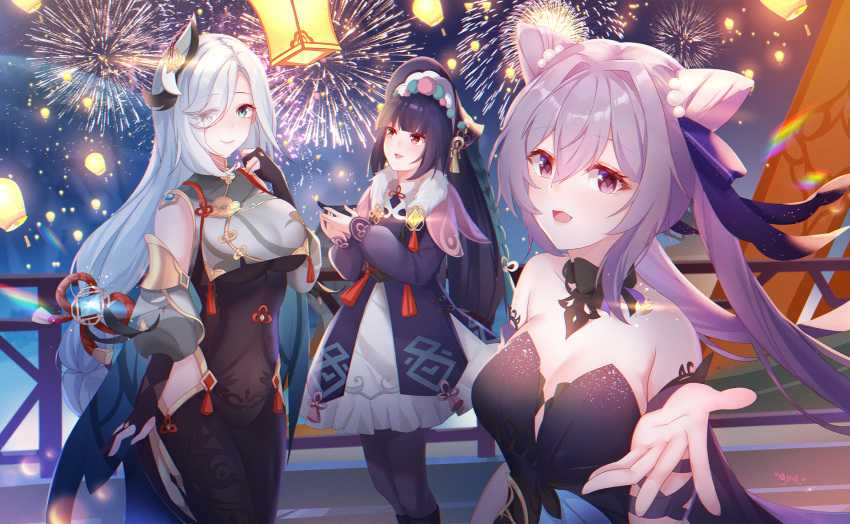 3girls :d bangs black_dress black_gloves black_legwear black_ribbon blue_eyes blunt_bangs bodysuit bonnet braid braided_ponytail breast_curtain breasts capelet clothing_cutout detached_collar diamond-shaped_pupils diamond_(shape) dress earrings eyebrows_visible_through_hair fireworks flower_knot frilled_dress frills genshin_impact gloves hair_between_eyes hair_ornament hair_over_one_eye hair_ribbon highres hime_cut jewelry keqing_(genshin_impact) keqing_(opulent_splendor)_(genshin_impact) lantern lantern_festival large_breasts light_blue_hair lingshalan lolita_fashion long_hair looking_at_viewer medium_breasts multicolored_hair multiple_girls night night_sky outstretched_arm pantyhose paper_lantern partially_fingerless_gloves pearl_hair_ornament purple_hair reaching_out red_eyes ribbon shenhe_(genshin_impact) shoulder_cutout sky sky_lantern smile symbol-shaped_pupils tassel tassel_earrings twintails violet_eyes vision_(genshin_impact) waist_cutout yun_jin_(genshin_impact)