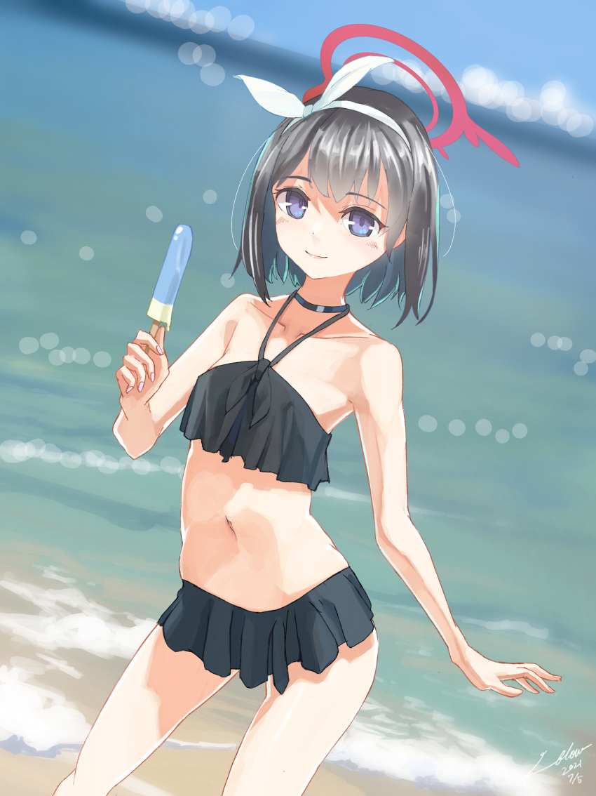 1girl absurdres bangs beach bikini black_bikini black_hair blue_archive blurry bokeh bow bow_hairband cowboy_shot dated depth_of_field dutch_angle food frilled_bikini frills hairband halo highres holding holding_food light_blush light_smile looking_at_viewer mashiro_(blue_archive) midriff navel no_wings outdoors popsicle short_hair signature solo swimsuit utachy violet_eyes water white_bow white_hairband