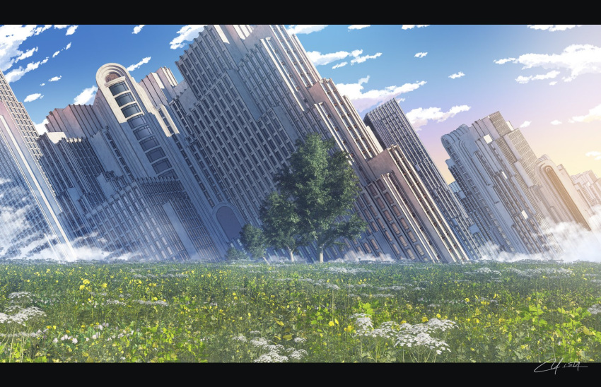 artist_name blue_sky building clouds commentary_request day flower fog grass highres letterboxed no_humans original outdoors scenery signature sky skyscraper tree waisshu_(sougyokyuu) white_flower window