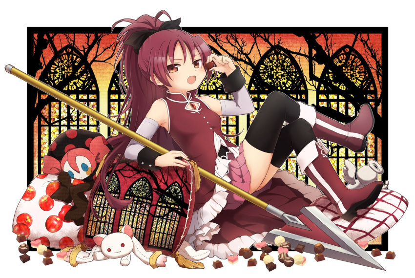 1girl charlotte_(madoka_magica) chocolate fang highres kyubey magical_girl mahou_shoujo_madoka_magica open_mouth pillow polearm red_eyes redhead rilafm345 sakura_kyouko sleeveless solo spear stuffed_toy thigh-highs truffle weapon