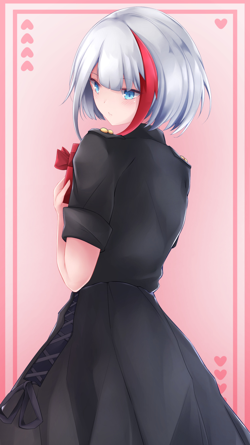 1girl absurdres admiral_graf_spee_(azur_lane) admiral_graf_spee_(girl's_sunday)_(azur_lane) azur_lane black_dress blue_eyes blush commentary_request dress expressionless from_behind gift hands_up highres holding holding_gift looking_at_viewer looking_back medium_hair multicolored_hair osatou_(soul_of_sugar) redhead silver_hair solo streaked_hair two-tone_hair valentine