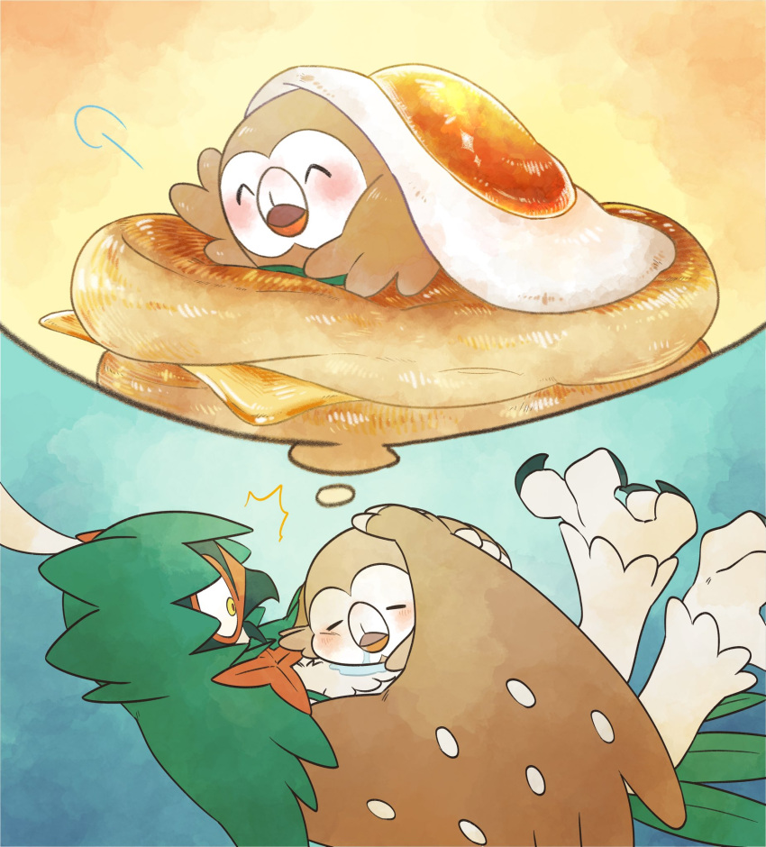 bird commentary decidueye dreaming food fried_egg highres holding holding_pokemon looking_down pancake pkpokopoko3 pokemon pokemon_(creature) rowlet sleeping talons thought_bubble yellow_eyes