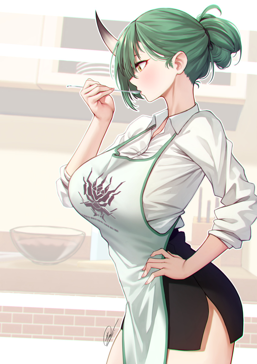 1girl absurdres apron arknights black_skirt breasts chromatic_aberration collared_shirt cookie cowboy_shot dress food from_side green_hair hair_bun hand_on_hip highres horns hoshiguma_(arknights) huge_breasts miniskirt office_lady oni_horns pencil_skirt profile shirt shirt_tucked_in side_slit signature single_horn skirt sleeves_rolled_up solo tasting thore_(nathalukpol) white_shirt wing_collar yellow_eyes