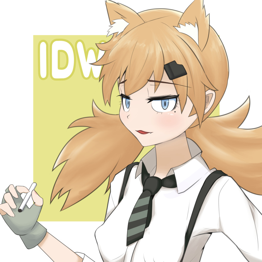 1girl absurdres animal_ear_fluff animal_ears blonde_hair blue_eyes blush breasts cat_ears character_name cigarette commentary_request covered_nipples eyebrows_visible_through_hair fang fingerless_gloves girls_frontline gloves hair_ornament hairclip highres idw_(girls'_frontline) looking_at_viewer medium_breasts medium_hair mole mole_under_eye necktie parted_lips sanpaku shirt short_sleeves simple_background smile solo striped_necktie suspenders twintails upper_body white_background white_shirt yellow_background yonao
