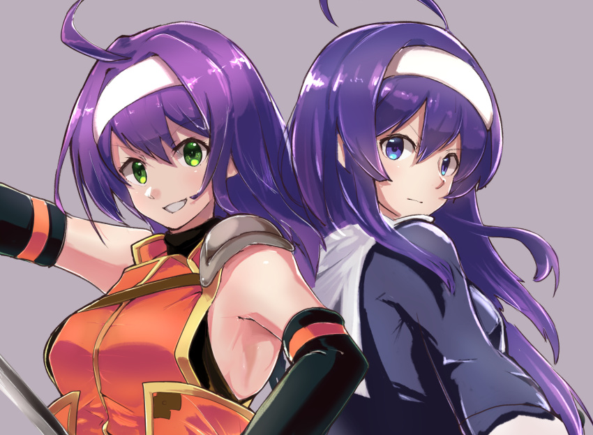 2girls armor armpits blue_eyes detached_sleeves fire_emblem fire_emblem_heroes green_eyes headband highres hirotaka_(hrtk990203) look-alike looking_at_viewer mia_(fire_emblem) multiple_girls orie_(under_night_in-birth) purple_hair sword under_night_in-birth weapon