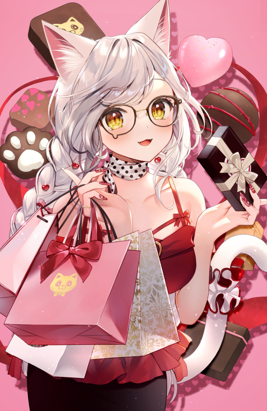 1girl :d animal_ear_fluff animal_ears bag bangs bare_shoulders black-framed_eyewear black_skirt box braid breasts brown_eyes camisole cat_ears cat_girl cat_tail chocolate collarbone commentary_request eyebrows_visible_through_hair fangs fingernails gift gift_box glasses heart heart_background highres holding holding_bag holding_gift long_fingernails long_hair looking_at_viewer medium_breasts momoshiki_tsubaki nail_polish original paper_bag pink_background red_camisole red_nails silver_hair skirt smile solo tail tail_raised twin_braids valentine very_long_hair
