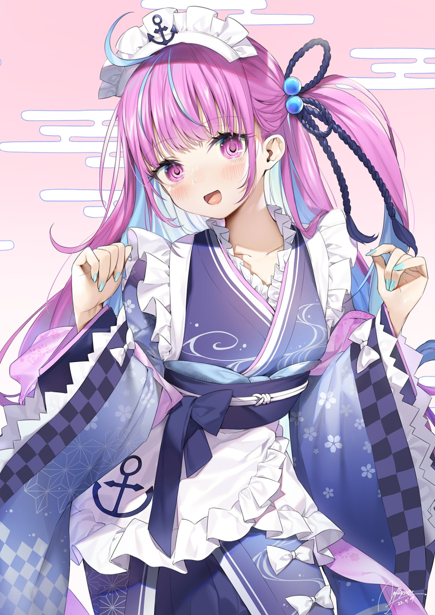 1girl apron bangs blue_hair blush colored_inner_hair eyebrows_visible_through_hair frilled_apron frills gradient gradient_background highres hololive japanese_clothes kimono long_hair looking_at_viewer maid_headdress minato_aqua multicolored_hair obi obiage obijime open_mouth purple_hair sash side_ponytail solo streaked_hair two-tone_hair virtual_youtuber yana_mori