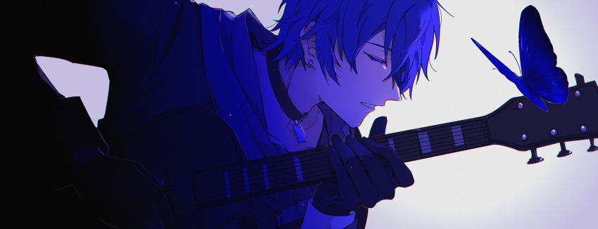 1boy black_gloves blue_butterfly blue_hair blue_scarf bug butterfly closed_eyes commentary from_side gloves guitar highres instrument kaito_(vocaloid) leaning_forward male_focus music mysterious_butterfly_(module) pendant_choker playing_instrument project_diva_(series) scarf sidelighting solo upper_body vocaloid yinnnn