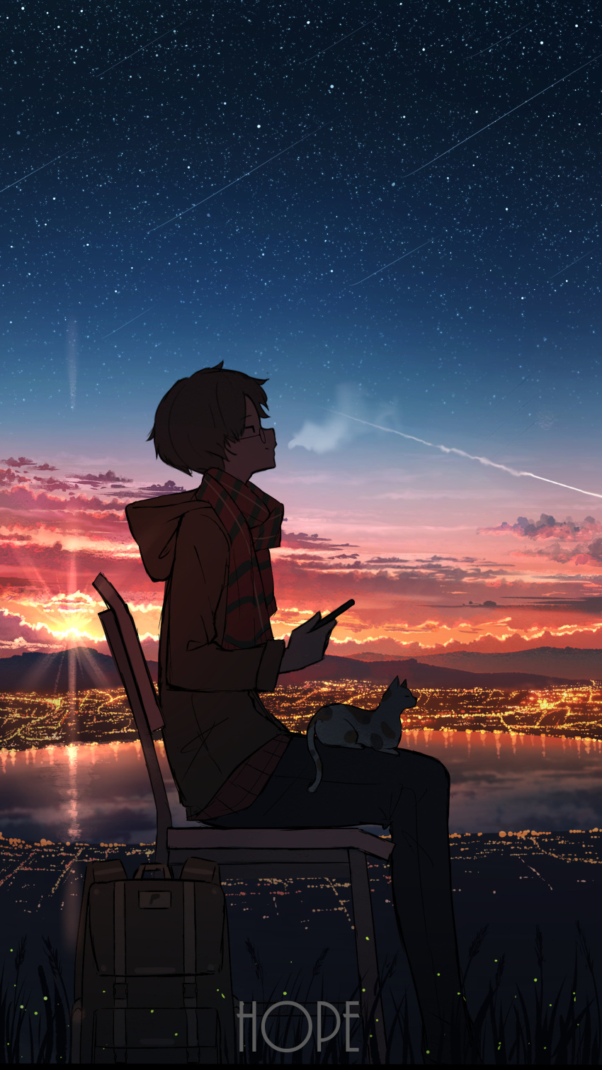 1boy absurdres black_pants cat chair city city_lights cityscape clouds contrail english_commentary english_text evening glasses highres jacket lake landscape mountainous_horizon night original pants pasoputi reflection scarf scenery shooting_star sitting sky solo star_(sky) starry_sky sunset