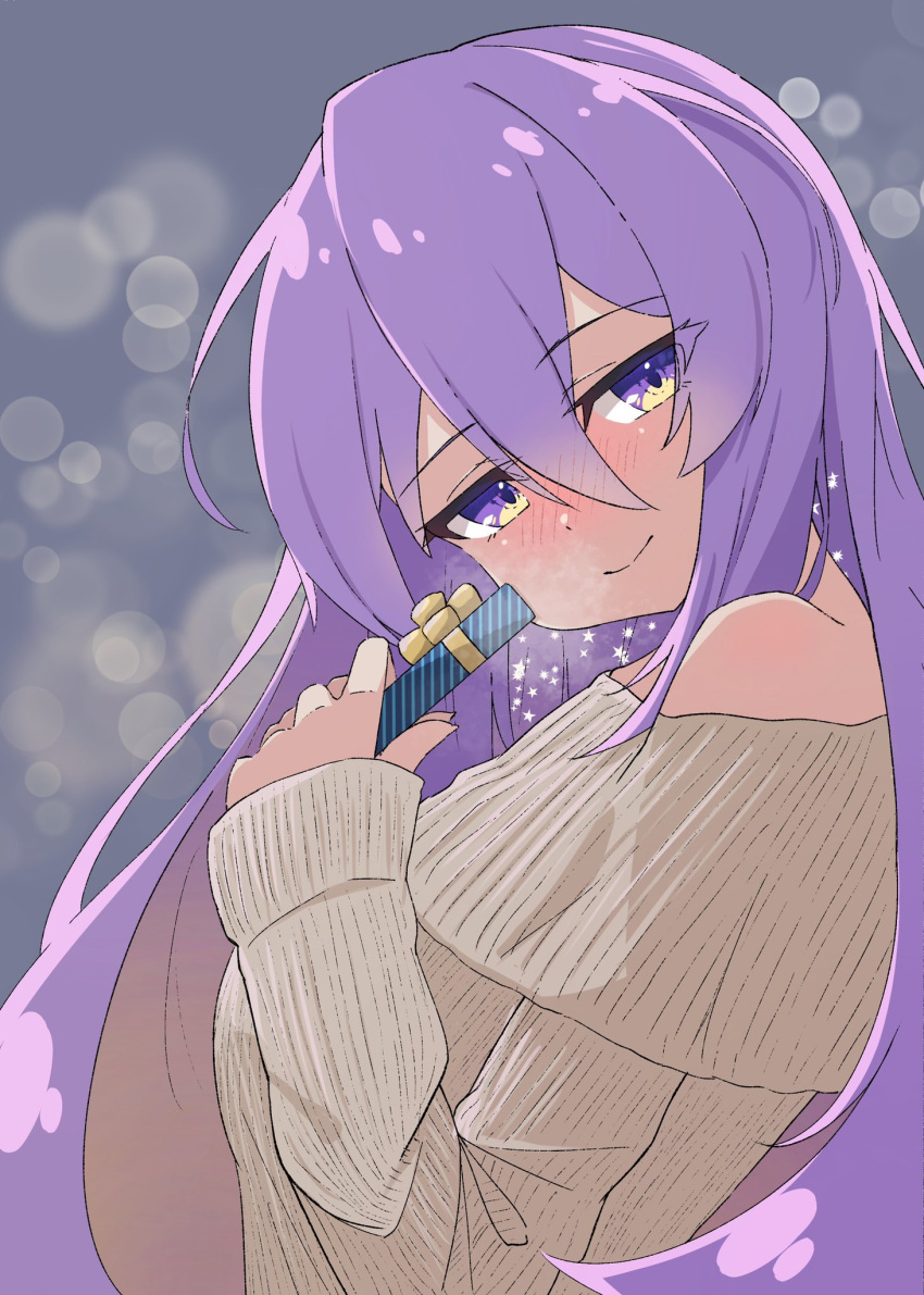 1girl blush highres hololive hololive_indonesia long_hair midoku_(itijikusakura) moona_hoshinova off-shoulder_sweater off_shoulder purple_hair smile sweater violet_eyes virtual_youtuber visible_air