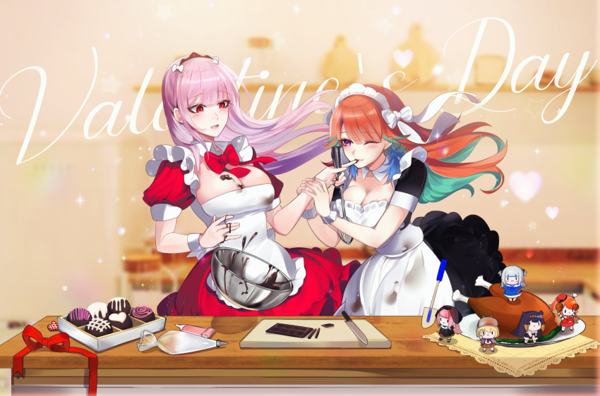 2girls alternate_costume apron biting black_dress blush box box_of_chocolates candy chocolate dress earrings feather_earrings feathers food frilled_apron frills gawr_gura gift gradient_hair hands happy_valentine heart heart-shaped_chocolate highres hololive hololive_english jewelry knife long_hair maid maid_apron maid_headdress mori_calliope multicolored_hair multiple_girls nibbling ninomae_ina'nis nyaco0 pink_hair puffy_short_sleeves puffy_sleeves red_eyes roswaal_mansion_maid_uniform short_sleeves takanashi_kiara valentine violet_eyes virtual_youtuber waist_apron watson_amelia white_apron wrist_cuffs yuri