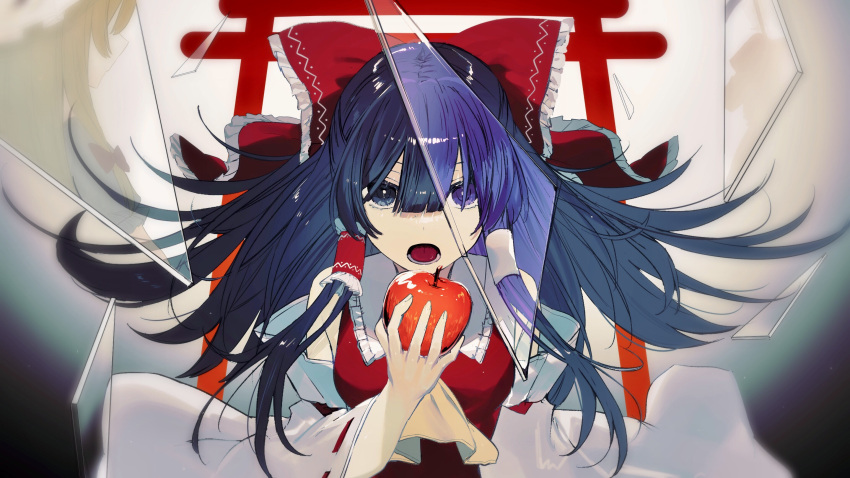 1girl alternate_eye_color alternate_hair_color apple ascot bangs blue_eyes blunt_bangs bow collar dark_blue_hair detached_sleeves english_commentary food frilled_bow frilled_collar frilled_hair_tubes frills fruit gradient gradient_background hair_between_eyes hair_bow hair_tubes hakurei_reimu highres holding holding_food holding_fruit ikasoba long_hair long_sleeves looking_at_viewer lower_teeth open_mouth red_bow red_vest ribbon-trimmed_sleeves ribbon_trim shards shiny shiny_hair sidelocks solo straight_hair teeth tongue torii touhou upper_body vest white_sleeves wide_sleeves yellow_ascot