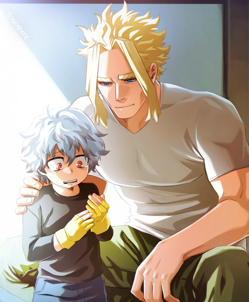 2boys all_might alternate_universe bangs black_sweater blonde_hair boku_no_hero_academia brown_pants closed_mouth gloves grey_hair grey_shirt half-closed_eyes half_gloves head_on_another's_shoulder highres looking_at_another male_focus messy_hair multiple_boys muscular muscular_male pants parted_bangs pectorals red_eyes shigaraki_tomura shiny shiny_hair shirt smile sweater tearing_up teeth thick_eyebrows trevo_(trevoshere) upper_teeth yellow_gloves younger