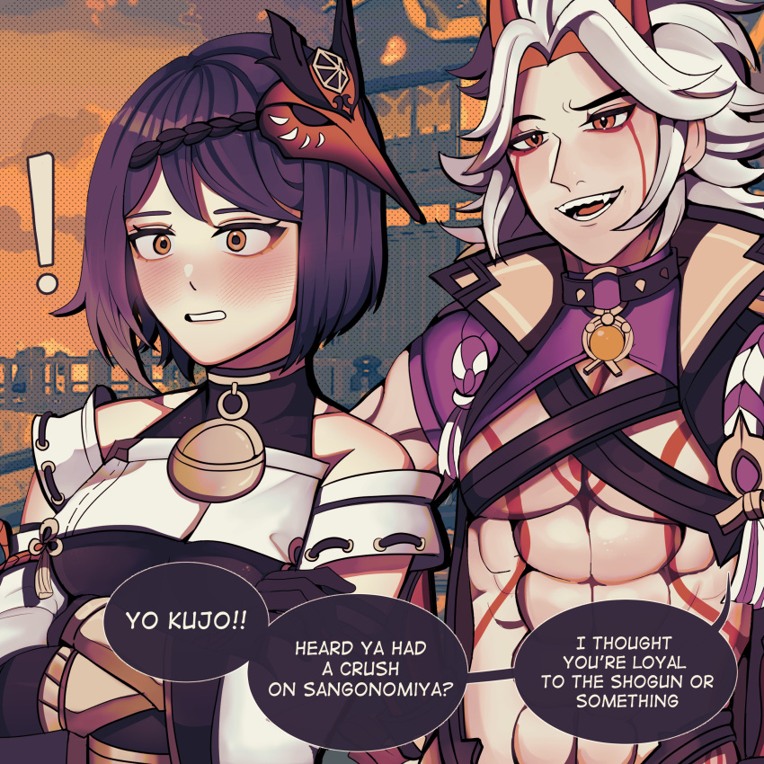 ! 1boy 1girl abs absurdres arataki_itto blush bobamiruku brown_eyes crossed_arms english_text fang genshin_impact highres horns kujou_sara looking_at_another looking_away muscular muscular_male open_mouth parted_lips purple_hair short_hair speech_bubble teeth white_hair yuri