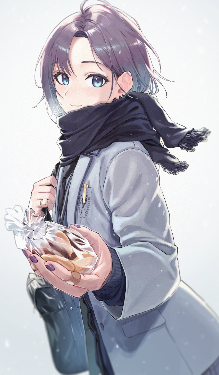 1girl absurdres ahoge asakura_tooru bag bandaid bandaid_on_hand bangs black_scarf blue_eyes blush breath closed_mouth coat cold commentary cookie cowboy_shot ear_piercing eyebrows_visible_through_hair eyelashes food from_side gradient_hair grey_background grey_coat highres holding holding_bag idolmaster idolmaster_shiny_colors incoming_gift light_blue_hair looking_at_viewer multicolored_hair nail_polish outstretched_arm parted_bangs pen_in_pocket piercing plastic_bag purple_hair purple_nails scarf school_bag short_hair simple_background smile snow snowing solo two-tone_hair zelo6