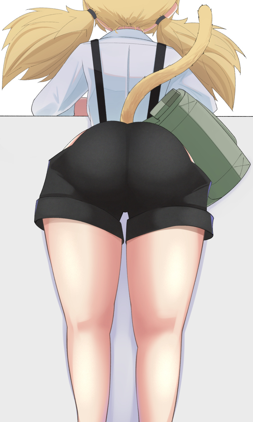 1girl absurdres ass back blonde_hair cat_tail commentary feet_out_of_frame from_behind girls_frontline highres idw_(girls'_frontline) leaning_on_table legs medium_hair pouch shirt shorts sleeves_rolled_up solo suspenders tail twintails white_shirt yonao