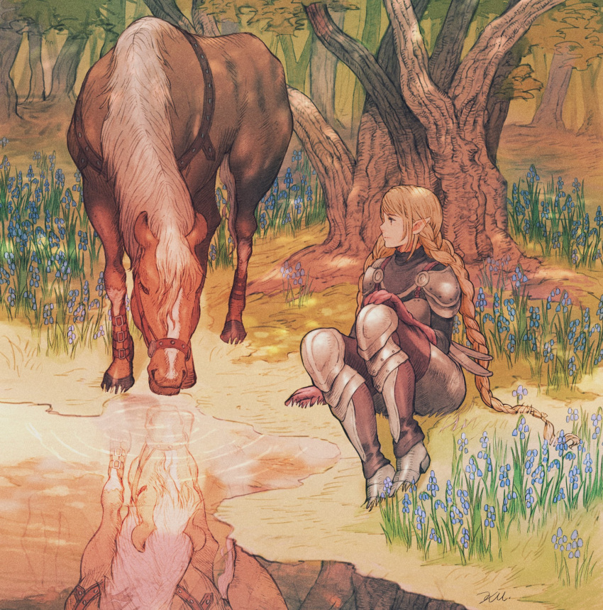 1girl animal armor armored_boots blonde_hair boots braid breastplate elf fantasy flower forest grass highres horse kuroimori long_hair looking_to_the_side nature on_ground original outdoors pointy_ears reflection shoulder_armor sitting solo tree twin_braids water