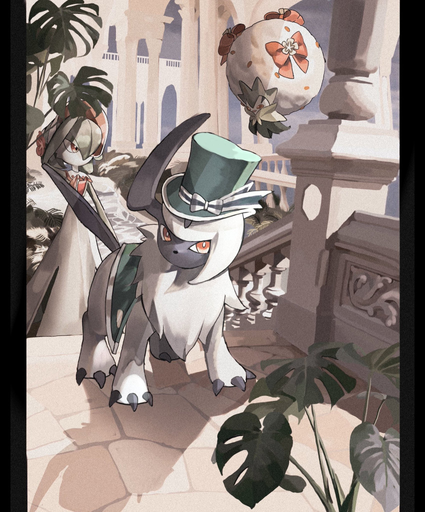 absol bonnet bright_pupils claws commentary_request day eldegoss gardevoir green_headwear hat hatted_pokemon highres orange_eyes outdoors pokemon pokemon_(creature) pokemon_(game) pokemon_unite reo_(mmocc123) standing top_hat white_fur white_pupils