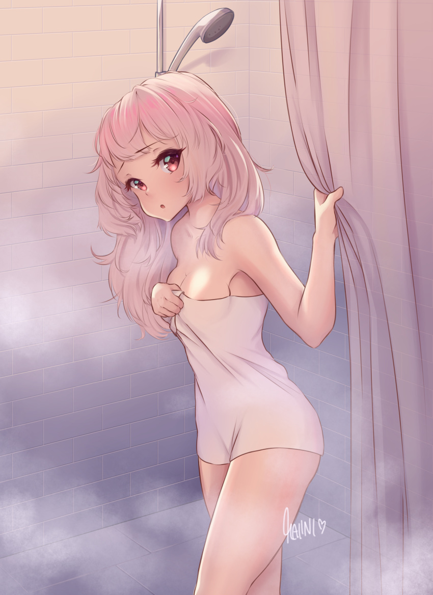 1girl absurdres armpits artist_name bathroom blush breasts cat_nurse_(nyanko_daisensou) embarrassed hands_on_own_chest highres maiini naked_towel nyanko_daisensou pink_hair red_eyes shower_curtain shower_head showering steam towel
