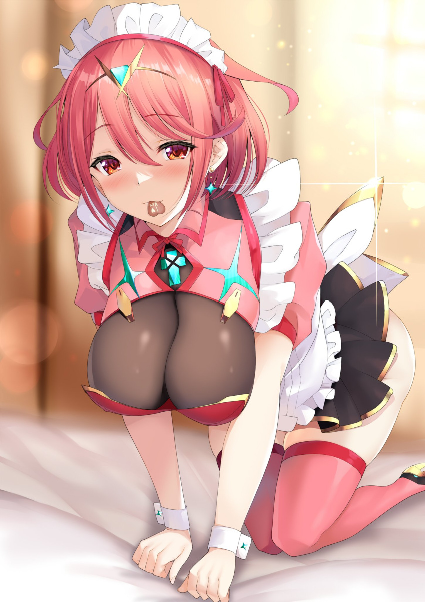 1girl adapted_costume all_fours apron bangs bed_sheet blush breasts candy chest_jewel chocolate commentary_request daive earrings food food_in_mouth frills gem heart heart-shaped_chocolate highres jewelry large_breasts lens_flare maid maid_apron maid_headdress mouth_hold pink_legwear pyra_(xenoblade) red_eyes red_legwear redhead short_hair skindentation swept_bangs thigh-highs tiara valentine wrist_cuffs xenoblade_chronicles_(series) xenoblade_chronicles_2