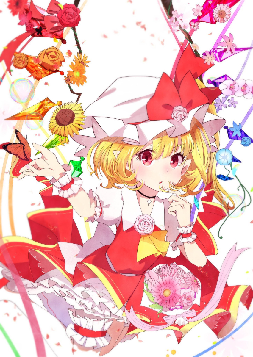 1girl ametama_(runarunaruta5656) ascot back_bow bangs black_choker blonde_hair blue_flower blush bow bubble bug butterfly choker crystal dot_nose english_commentary eyelashes flandre_scarlet flat_chest flower frills gold_trim hat hat_ribbon highres mob_cap one_side_up open_mouth orange_flower petticoat pink_flower pink_ribbon pointy_ears puffy_short_sleeves puffy_sleeves purple_flower rainbow_order red_eyes red_ribbon red_skirt red_vest ribbon sash short_hair short_sleeves side_ponytail skirt solo sunflower thigh_strap touhou vest white_background white_sash wings wrist_cuffs yellow_ascot