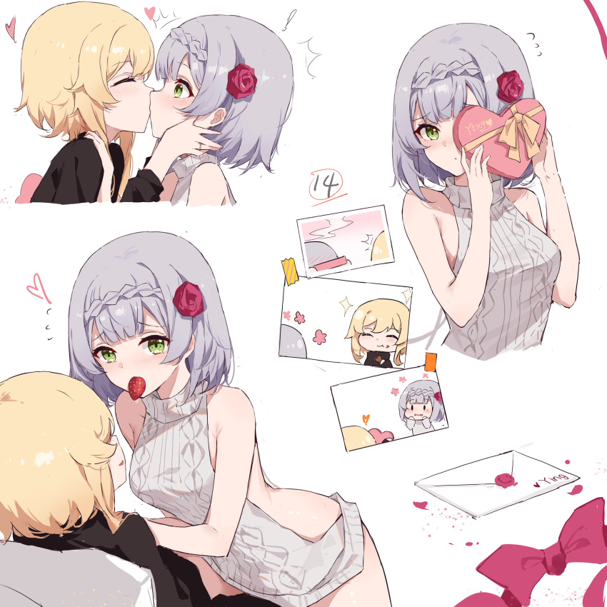 2girls absurdres bangs bare_arms black_sweater blonde_hair box braid commentary_request eyebrows_visible_through_hair flower genshin_impact gift gift_box green_eyes hair_flower hair_ornament heart-shaped_box highres holding holding_box kiss letter long_hair looking_at_another lumine_(genshin_impact) medium_hair meme_attire multiple_girls multiple_views noelle_(genshin_impact) red_flower red_ribbon ribbon simple_background sweater turtleneck turtleneck_sweater virgin_killer_sweater white_background white_sweater yajuu yuri