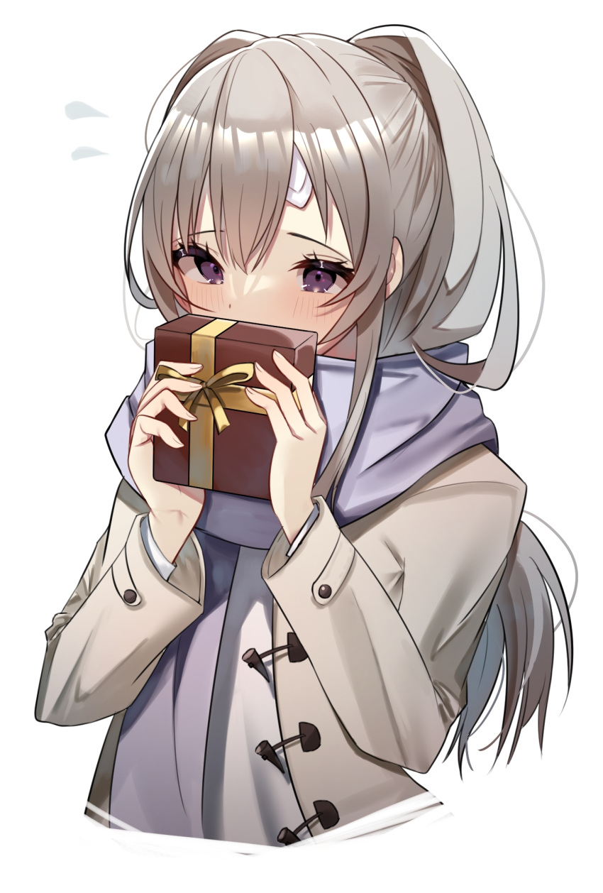 1girl bandaid bandaid_on_face coat covered_mouth cropped_torso duffel_coat gift grey_hair highres holding holding_gift idolmaster idolmaster_shiny_colors open_clothes open_coat purple_scarf scarf simple_background solo thousa_01 upper_body violet_eyes white_background yuukoku_kiriko