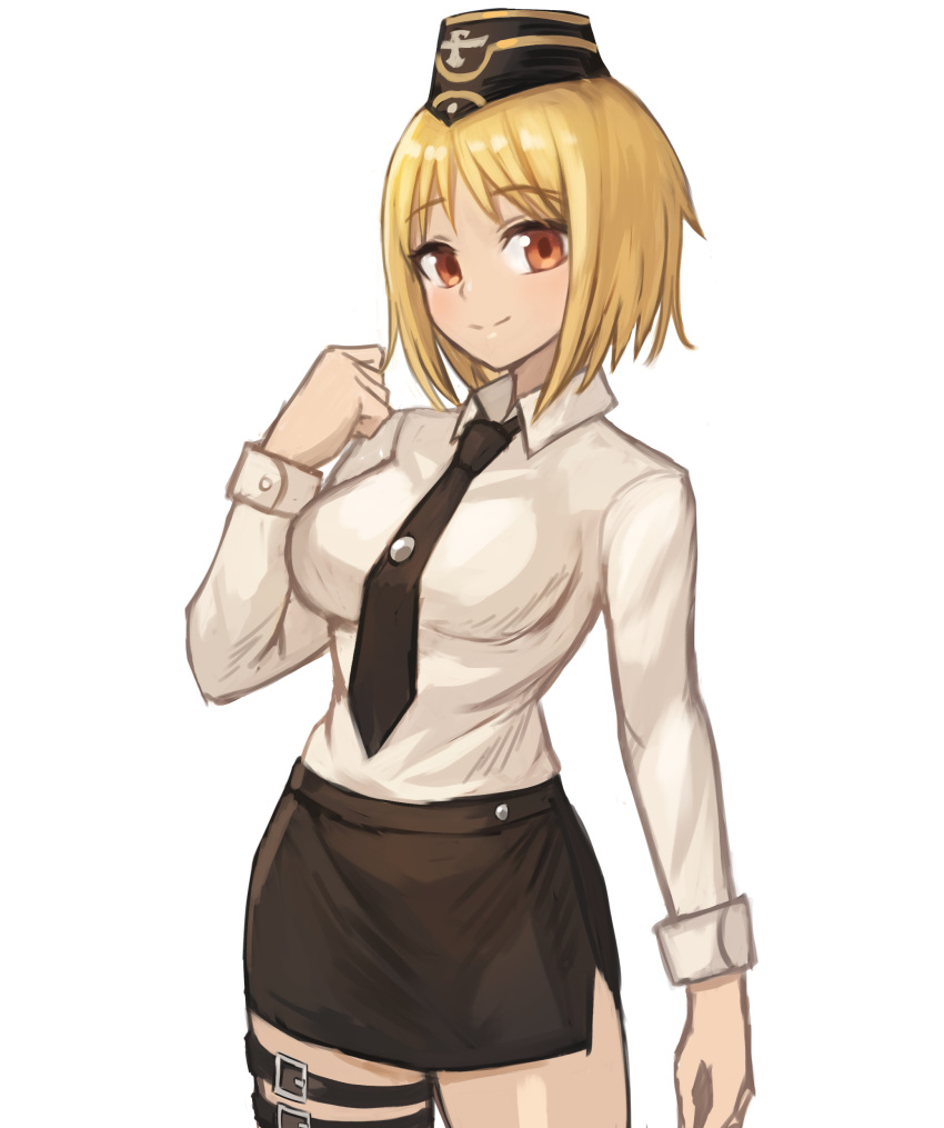 1girl absurdres black_neckwear black_skirt blonde_hair breasts closed_mouth collared_shirt commission cowboy_shot girls_frontline hat highres impossible_clothes impossible_shirt long_sleeves mp40_(girls'_frontline) necktie orange_eyes pixiv_request shirt short_hair simple_background skirt smile solo sookmo thigh_strap white_background white_shirt