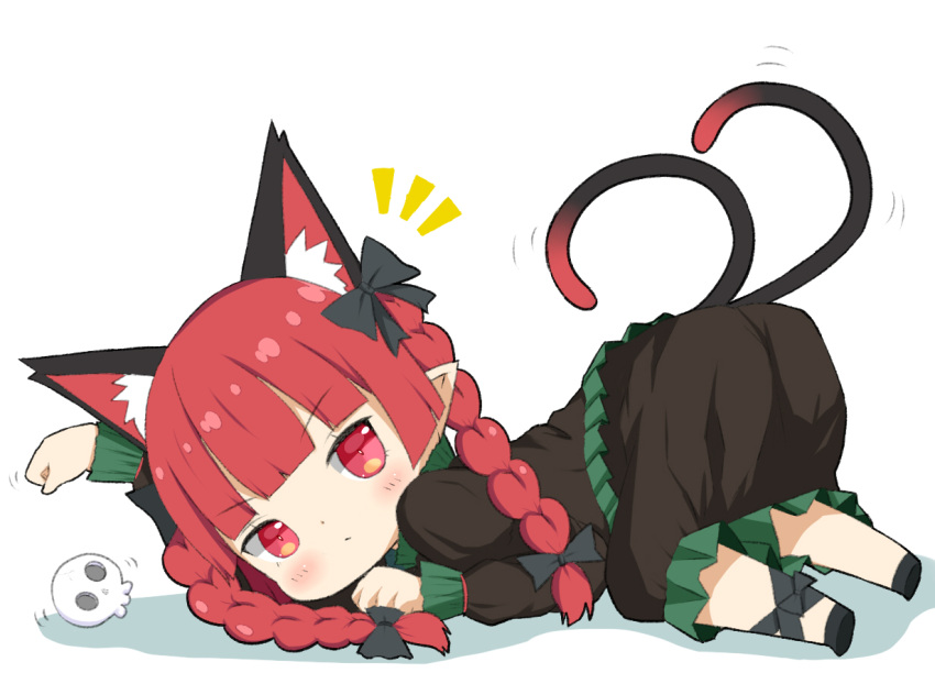 1girl :/ animal_ear_fluff animal_ears blush braid cat_ears cat_tail chibi commentary_request crys_(dai) extra_ears from_behind kaenbyou_rin long_hair looking_at_viewer looking_back multiple_tails nekomata notice_lines paw_pose pointy_ears red_eyes redhead simple_background skull solo tail top-down_bottom-up touhou twin_braids twintails two_tails white_background