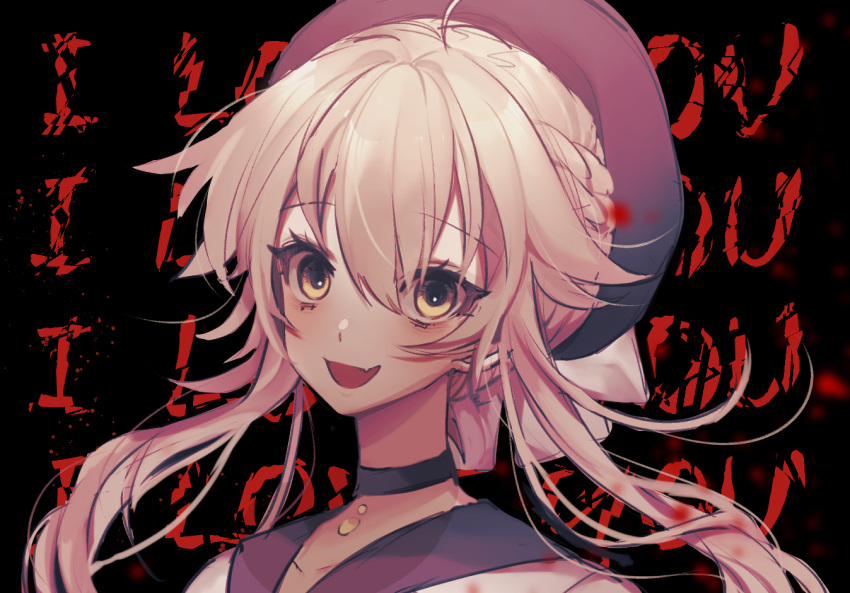 1boy blonde_hair blood bow choker crazy crazy_eyes envy_elika_(koyashaka) hat jewelry koyashaka looking_at_viewer male_focus necklace original otoko_no_ko pale_skin solo yandere yellow_eyes