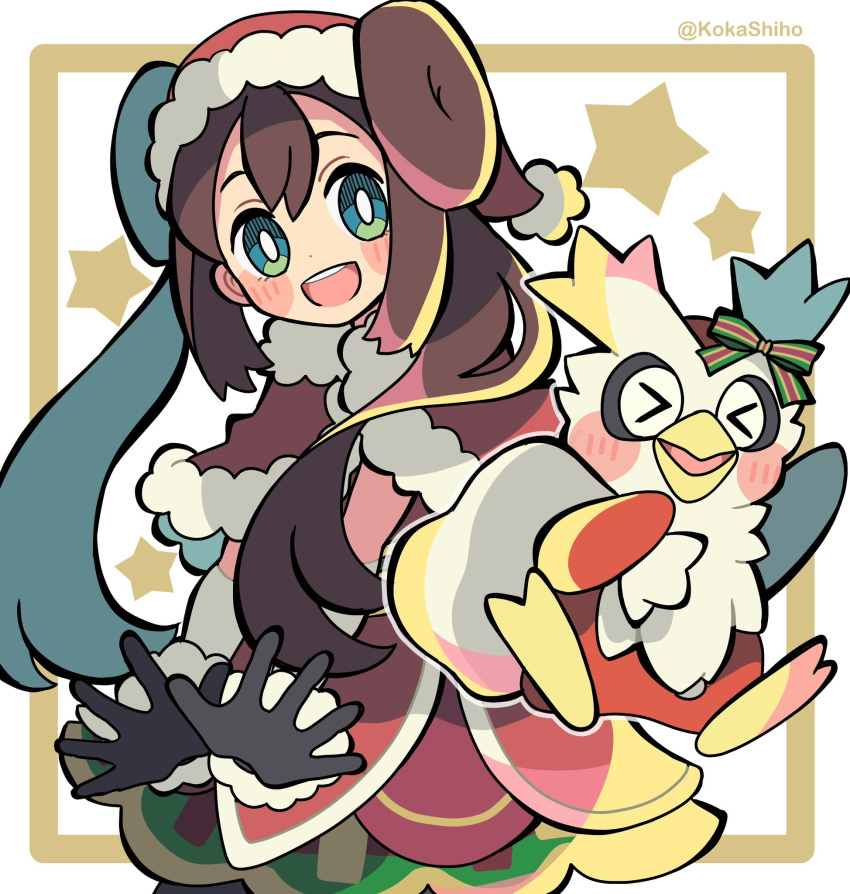 1girl :d aqua_eyes bangs blush_stickers bright_pupils brown_hair capelet commentary_request delibird double_bun dress fur-trimmed_capelet fur_trim gloves hat highres kokashiho long_hair looking_at_viewer official_alternate_costume open_mouth pokemon pokemon_(creature) pokemon_(game) pokemon_masters_ex red_capelet red_headwear rosa_(pokemon) santa_hat smile spread_fingers star_(symbol) teeth twintails twitter_username upper_teeth white_pupils