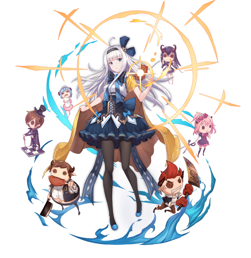 1girl ahoge ark_order bangs black_legwear blue_bow blue_bowtie blue_dress blue_eyes blue_footwear blue_hairband bow bowtie button_eyes cape doll dress fire flats floating floating_object full_body hair_bow hairband highres horns leo_thasario long_hair looking_at_viewer official_art pandora_(ark_order) pantyhose parted_lips sidelocks sleeveless sleeveless_dress solo sparkle tachi-e transparent_background white_hair yellow_cape