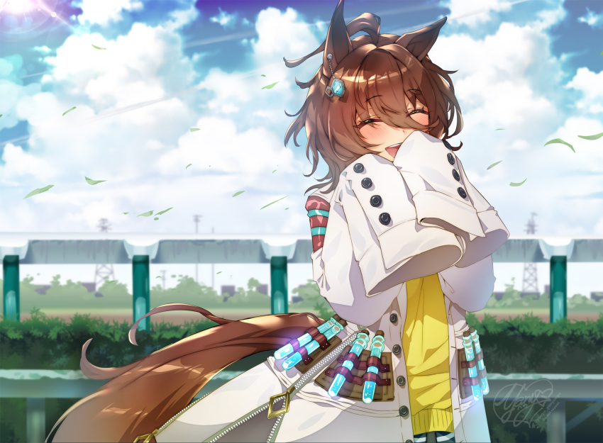1girl agnes_tachyon_(umamusume) ahoge animal_ears bangs blurry blurry_background blush brown_hair bush closed_mouth clouds cloudy_sky commentary_request cowboy_shot day earrings grass hands_up highres horse_ears horse_girl horse_tail jewelry labcoat lens_flare medium_hair open_mouth outdoors signature single_earring sky sleeves_past_fingers sleeves_past_wrists smile solo sweater tail test_tube transmission_tower umamusume yanyo_(ogino_atsuki) yellow_sweater