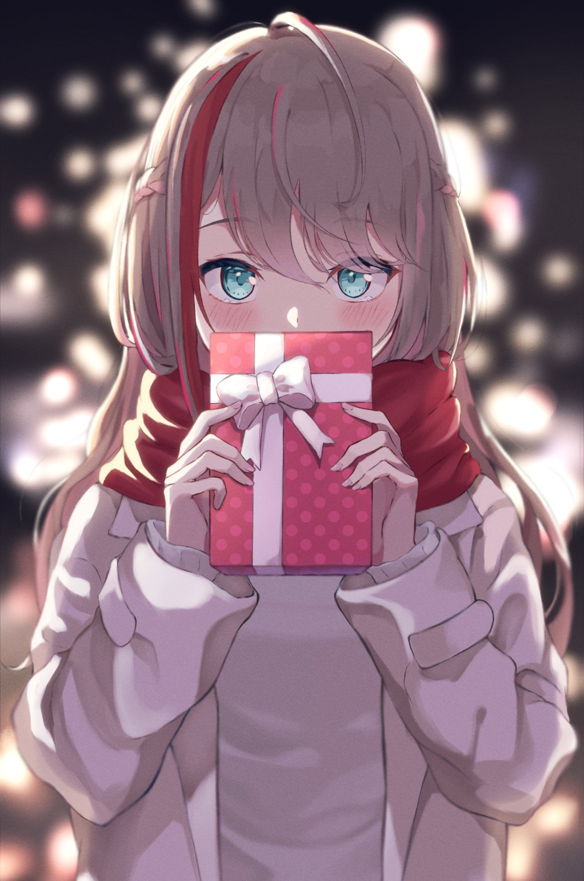 1girl bangs blue_eyes blurry blurry_background blush box brown_hair coat covering_mouth gift gift_box hair_between_eyes highres hijiriunu holding holding_gift kurusu_natsume lights long_hair long_sleeves looking_at_viewer multicolored_hair nijisanji open_clothes open_coat redhead solo streaked_hair sweater swept_bangs valentine virtual_youtuber white_coat white_sweater