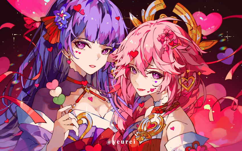 2girls animal_ears breasts dango earrings food fox_ears fox_girl genshin_impact happy_valentine heart heart_earrings heart_on_cheek highres japanese_clothes jewelry kimono long_hair looking_at_viewer multiple_girls pale_skin pink_hair purple_hair raiden_shogun valentine very_long_hair violet_eyes wagashi yae_miko yeurei