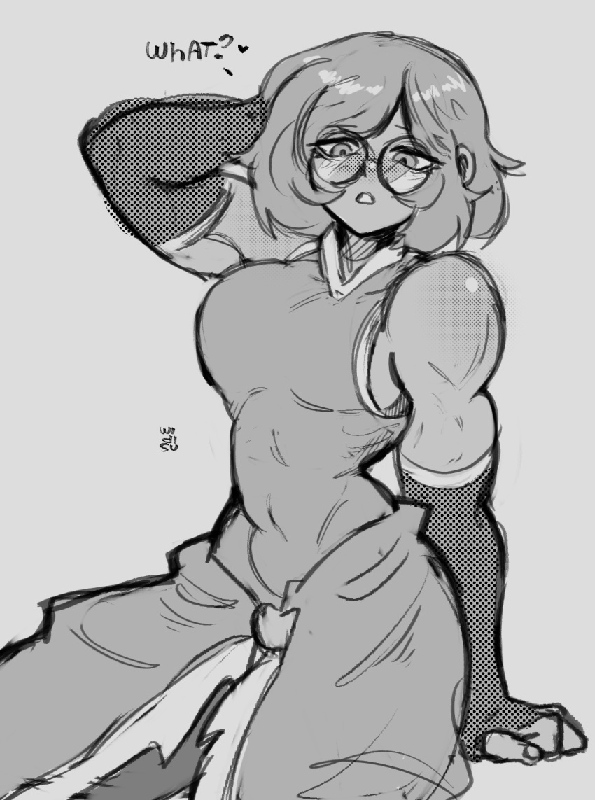 1girl arm_behind_head arm_up avatar:_the_last_airbender avatar_(series) bespectacled biceps breasts elbow_gloves eyebrows_visible_through_hair fingerless_gloves glasses gloves greyscale highres korra large_breasts looking_at_viewer monochrome muscular muscular_female round_eyewear short_hair sketch solo widisu