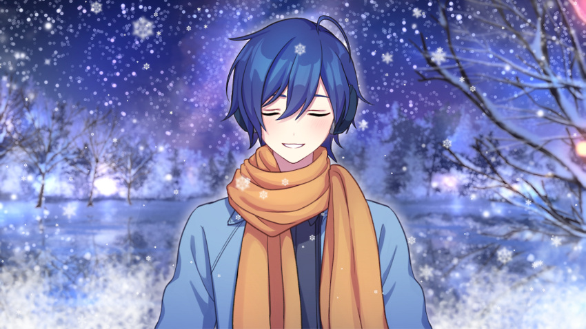 1boy akiyoshi_(tama-pete) blue_eyes blue_hair closed_eyes commentary_request earmuffs highres kaito_(vocaloid) male_focus outdoors parted_lips scarf smile snow snowflakes snowing solo vocaloid