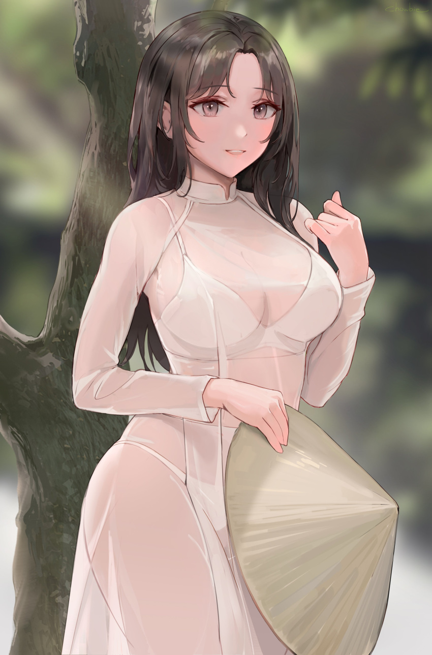 1girl absurdres bangs bra breasts chowbie dress hat highres holding long_hair long_sleeves medium_breasts original panties parted_bangs parted_lips see-through shiny shiny_hair simple_background smile solo underwear
