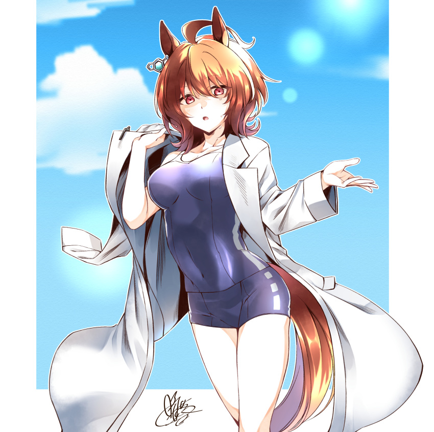1girl :o absurdres agnes_tachyon_(umamusume) ahoge animal_ears blue_sky border breasts brown_eyes brown_hair clouds coat collarbone commentary_request day earrings hair_between_eyes highres horse_ears horse_girl horse_tail jewelry labcoat medium_breasts outdoors removing_coat school_swimsuit shigure_(sigre) short_hair signature single_earring sky solo swimsuit tail umamusume white_border white_coat