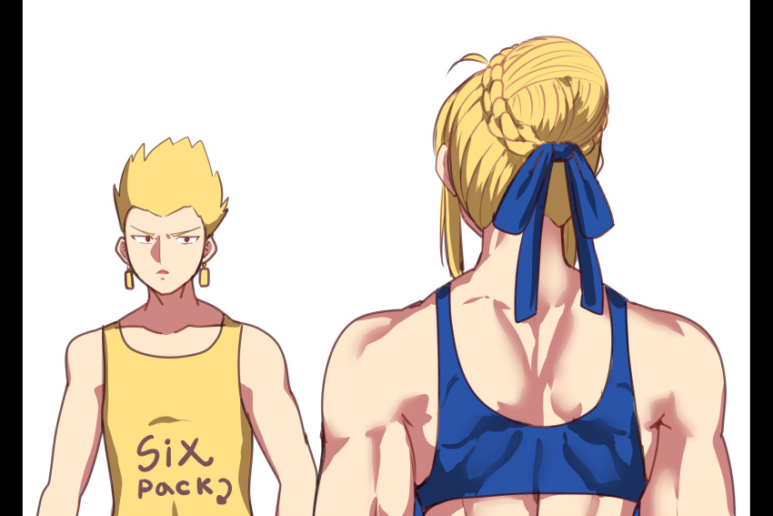 1boy 1girl ahoge artoria_pendragon_(fate) blonde_hair blue_ribbon braid clothes_writing earrings english_text fate/zero fate_(series) french_braid from_behind gilgamesh_(fate) hair_ribbon highres jewelry looking_at_another muscle_envy muscular muscular_female ooyun pillarboxed red_eyes ribbon saber simple_background sports_bra tank_top white_background