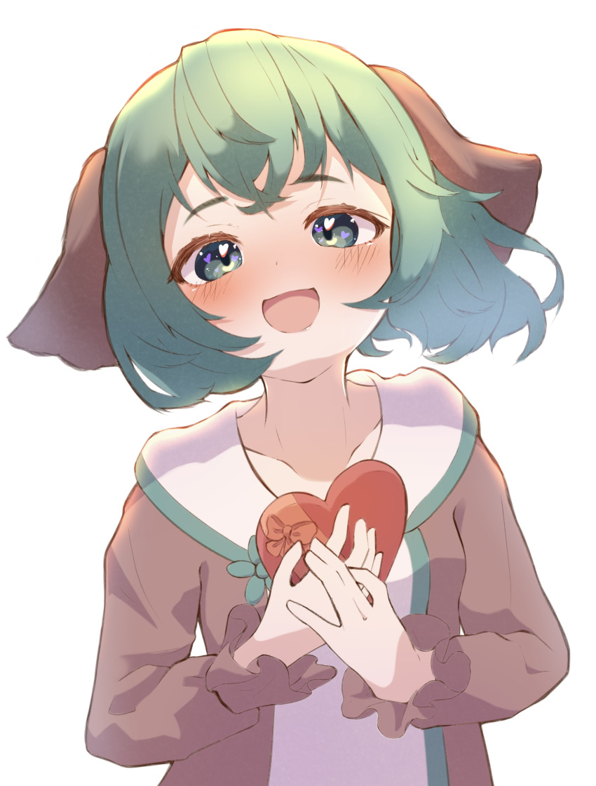 1girl :d absurdres animal_ears bangs blush box dog_ears gift green_eyes green_hair gumi_9357 heart heart-shaped_box highres holding holding_gift kasodani_kyouko long_sleeves looking_at_viewer open_mouth own_hands_together short_hair simple_background smile solo touhou upper_body valentine white_background