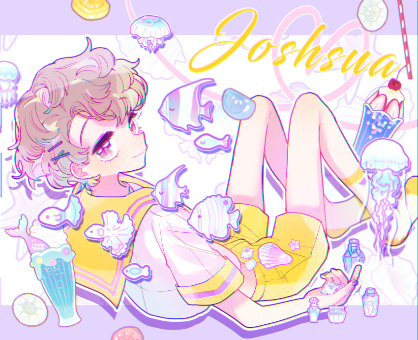 1boy androgynous character_name dear_vocalist fish grey_eyes grey_hair hair_ornament hairclip highres jeje_(pixiv60670177) jellyfish joshua_(dear_vocalist) looking_at_viewer looking_to_the_side pale_skin pastel_colors smile