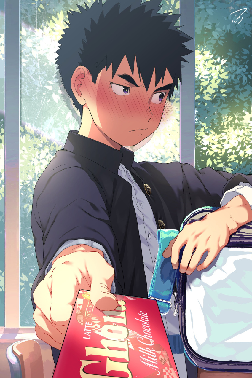 1boy absurdres bag black_hair black_jacket blush candy chocolate chocolate_bar closed_mouth day embarrassed food highres holding holding_chocolate holding_food indoors jacket male_focus open_clothes open_jacket original pov school_uniform shiba_yuuji shirt short_hair solo violet_eyes white_shirt window