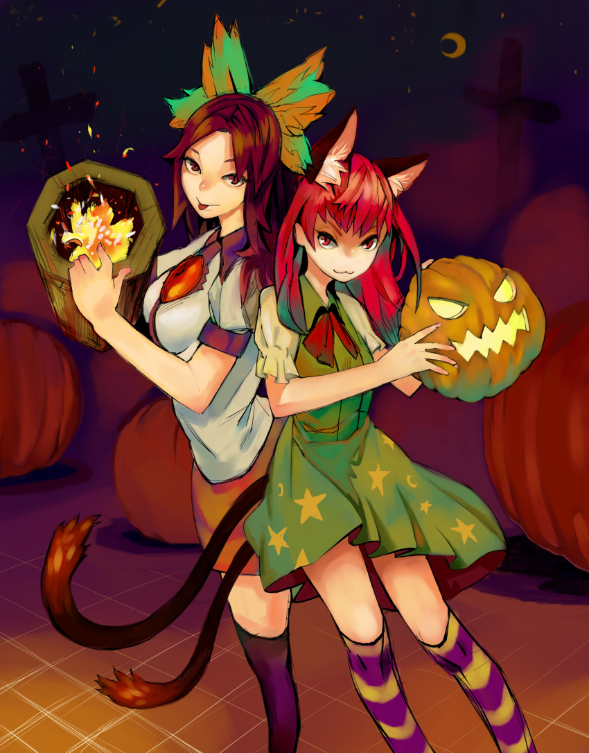 2girls :3 adapted_costume alternate_hairstyle animal_ear_fluff animal_ears arm_cannon bangs blush bow bowtie brown_eyes brown_hair cat_ears cat_tail closed_mouth crescent_moon crescent_print cross dress embers extra_ears eyebrows_behind_hair feet_out_of_frame fire green_bow green_dress hair_bow hair_down highres jack-o'-lantern kaenbyou_rin light_particles looking_at_viewer moon multiple_girls multiple_tails nekomata night night_sky nose_blush onion_(onion_and_pi-natto) orange_skirt over-kneehighs puffy_short_sleeves puffy_sleeves red_bow red_bowtie red_eyes redhead reiuji_utsuho shirt short_sleeves skirt sky standing star_(symbol) star_print tail thigh-highs touhou tsurime two_tails v-shaped_eyebrows weapon white_shirt wing_collar