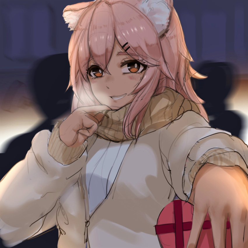 1girl :d alternate_costume arknights blush box breath bright_pupils brown_scarf cardigan commentary_request dark-skinned_female dark_skin gift gravel_(arknights) grin heart-shaped_box highres holding holding_gift long_hair long_sleeves looking_at_viewer night orange_eyes outdoors outstretched_arm parted_lips pink_hair scarf scdz2344 shirt silhouette smile solo_focus teeth upper_body valentine white_cardigan white_shirt