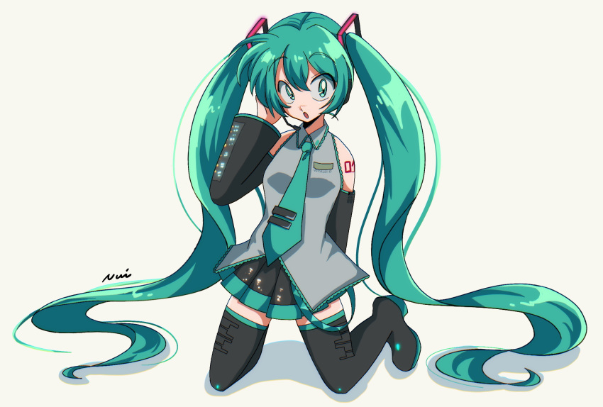 1990s_(style) 1girl :o black_footwear black_skirt boots detached_sleeves eyebrows_visible_through_hair green_hair green_necktie grey_background grey_shirt hatsune_miku highres kneeling looking_to_the_side necktie nui_inu open_mouth retro_artstyle shirt sketch skirt sleeveless sleeveless_shirt solo thigh-highs thigh_boots twintails vocaloid