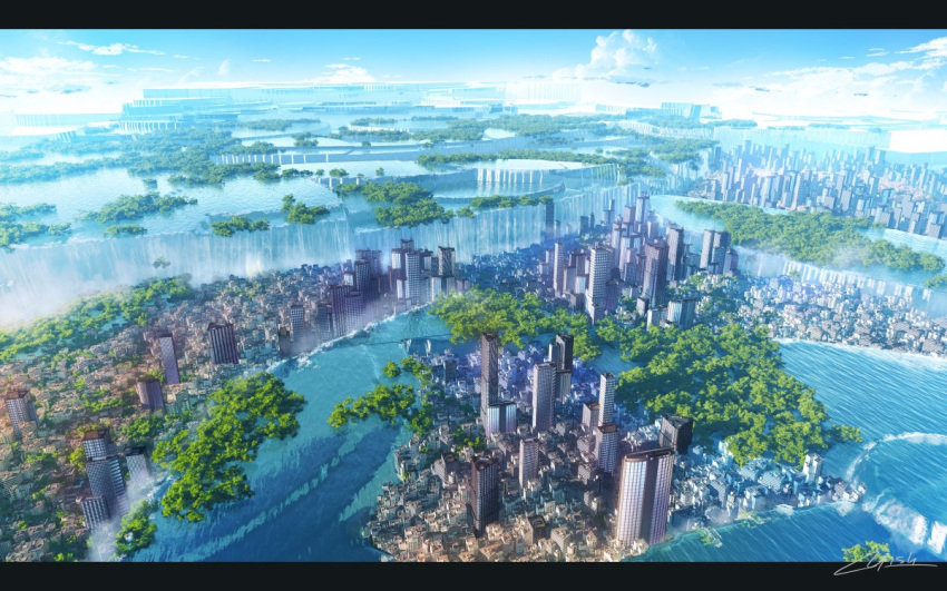 artist_name blue_sky building city cityscape clouds commentary_request day letterboxed no_humans original outdoors scenery signature sky skyscraper tree waisshu_(sougyokyuu) water waterfall